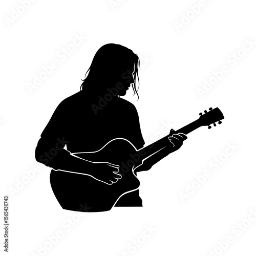 Silhouette of a musician playing an acoustic guitar with long hair