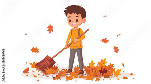 Young Boy Raking Leaves Flat Vector Illustration
