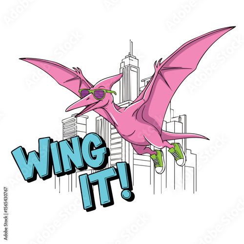 Cartoon Pink Pterodactyl with Sunglasses Flying over City Illustration