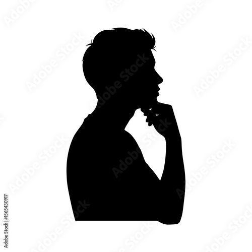 Profile Silhouette of a Young Man Deep in Thought Touching His Chin