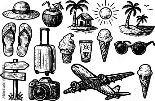 Black-and-white hand-drawn illustration of summer vacation icons including hat, coconut drink, suitcase, palm trees, flip-flops, airplane, beach hut, and sun for tropical travel concepts