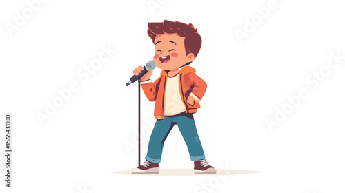 Boy Singing with Microphone Vector Illustration
