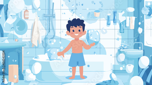 Cute Boy Shower Card Flat Vector Illustration