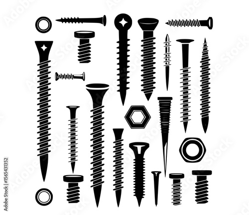 Black and white illustration of various fasteners screws bolts