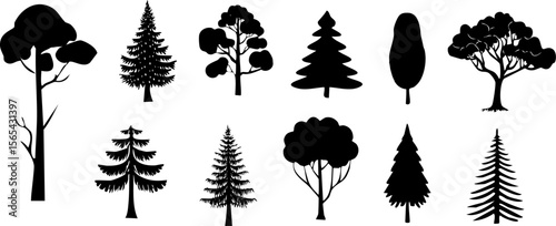 Diverse collection of silhouette tree illustrations, showcasing various types and forms. Perfect for design projects related to nature and environment