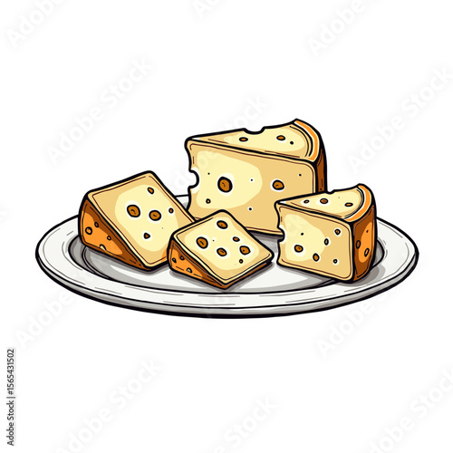 Assorted cheese pieces on a plate in cartoon realistic style. Concept of dairy product and appetizer platter - cheese tasting - picnic menu