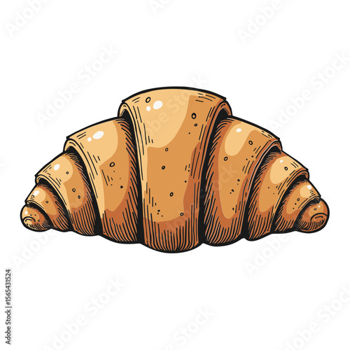 Plain butter croissant in cartoon hand-drawn style. Concept of breakfast pastry and French bakery product - food illustration - cafe design