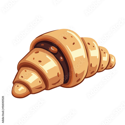 Croissant with chocolate filling in stylized cartoon design. Concept of bakery and French pastry for breakfast or snack - cafe branding - bakery menu