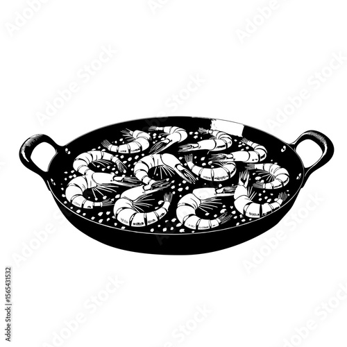 Grilled shrimps served on a round black pan with handles in monochrome style. Concept of seafood cuisine - food menu - restaurant illustration - culinary design
