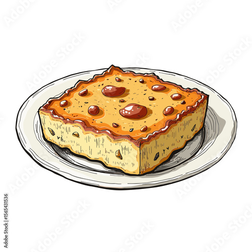 Baked casserole slice with cheese in flat colorful style. Concept of comfort food and homemade family meals - dinner menu - traditional cuisine