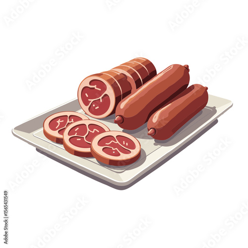 Assorted sausages and cured meat slices on a tray in cartoon flat style. Concept of charcuterie board and deli food for cafe menu - food product - picnic platter