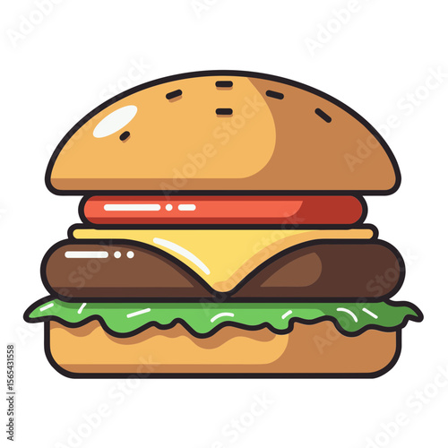 Minimalist burger cheeseburger hamburger sandwich with lettuce cheese and tomato flat vector icon for fast food branding and packaging
