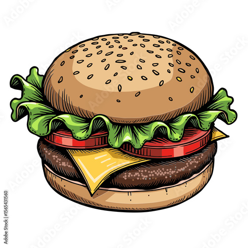 Hand drawn burger cheeseburger hamburger sandwich with lettuce tomato cheese and grilled patty colored sketch for restaurant menus and packaging