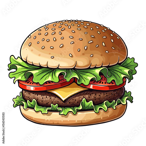 Classic cheeseburger hamburger sandwich burger with lettuce tomato cheese and soft bun cartoon vector for fast food packaging and menu design