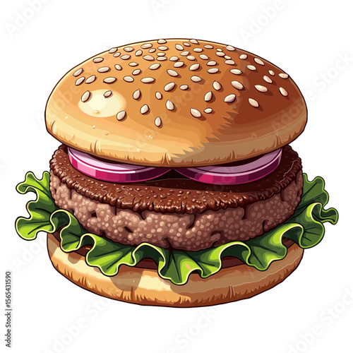 Realistic grilled burger cheeseburger hamburger sandwich with lettuce onions and tomato on sesame bun food illustration for restaurant or cafe branding