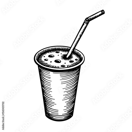 Soft drink soda cup with straw in monochrome sketch style for beverage menu and branding