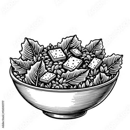 Vegetable salad with croutons in a textured hand-drawn style. Concept of homemade lunch and fresh nutrition - healthy food - cafe menu