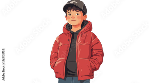 Young Boy Wearing Hat and Red Jacket on White Background