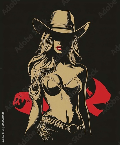 Modern Cowgirl Illustration: Vintage Pin-Up Silhouette Art in Bold Colors With Western Hat and Floral Belt on Red Background