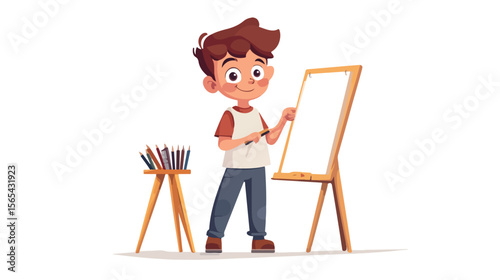Creative Boy Drawing Art on Paper Flat Vector Illustration