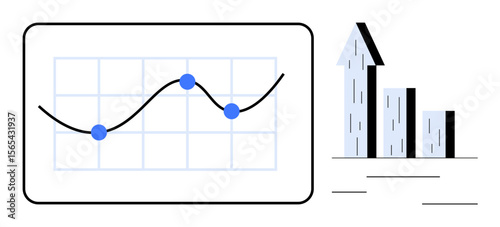 Line graph with data points on grid alongside bar chart showing upward growth. Ideal for progress tracking, success measurement, data analysis, business strategy, performance review, financial