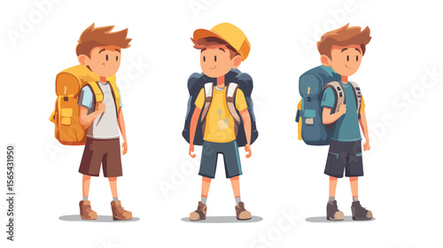 Happy Cartoon Boy with Backpacks Flat Vector Illustration