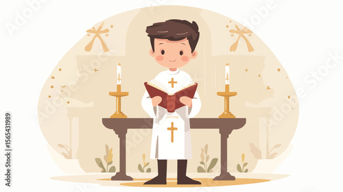 Young boy with Bible in first communion flat vector illustration