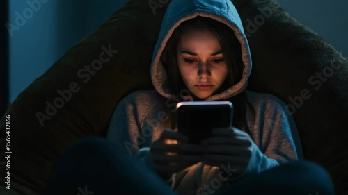 Sad teenager girl wearing casual hoodie sitting in comfortable beanbag chair, using mobile phone in dark room late at night, showing her face illuminated by the phone's screen