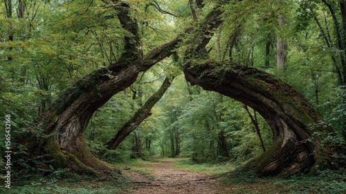 Twisted trees arching over a forest path