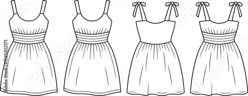 Women's empire waist mini dresses – flat fashion sketches with various strap styles, gathered skirt detail, and fitted bodice designs.