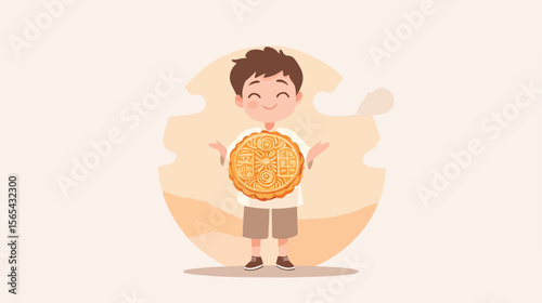 Boy with Huge Mooncake Mid Autumn Flat Vector Illustration