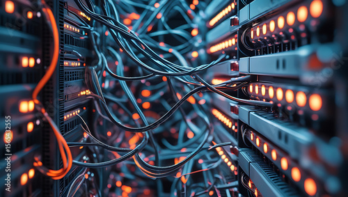 Network server with glowing lights and tangled cables conveys the complexity of modern data centers and internet infrastructure.