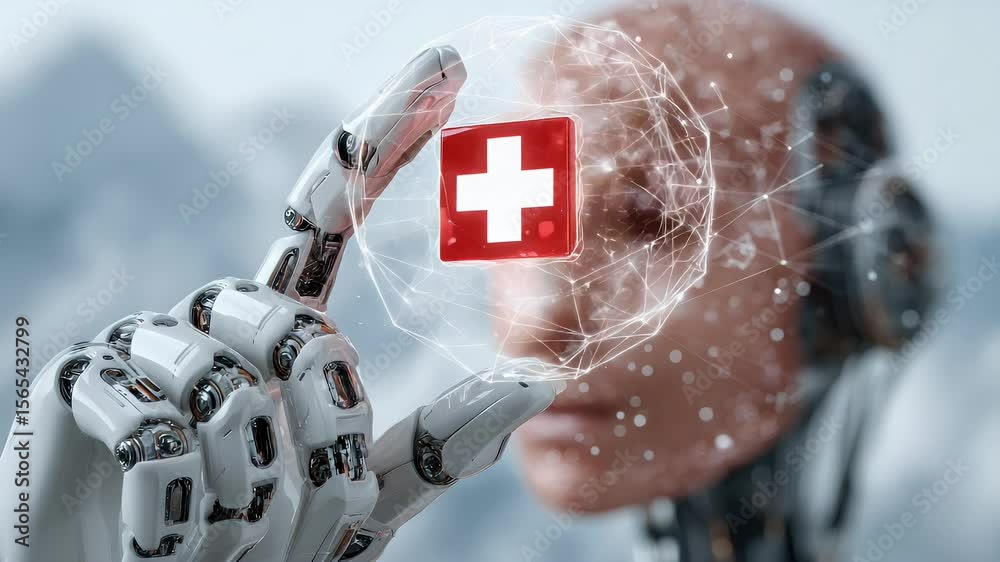 custom made wallpaper toronto digitalA futuristic robot holding a glowing medical symbol in a snowy mountain landscape, symbolizing healthcare innovation