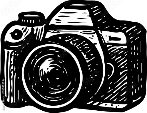 Black-and-white drawing of a compact travel camera, perfect for capturing memories and travel documentation