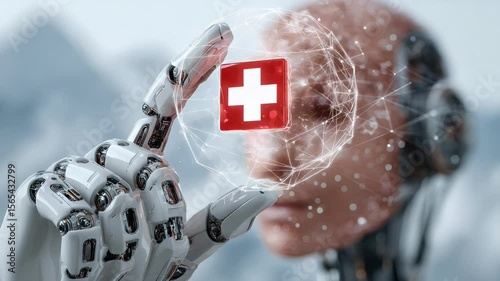 Wallpaper Mural A futuristic robot holding a glowing medical symbol in a snowy mountain landscape, symbolizing healthcare innovation Torontodigital.ca