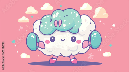 Strong Brain with Cute Weight Lifting Kawaii Character Vector Illustration