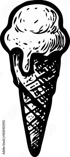 Classic ice cream cone in bold line art style, representing summer joy, sweetness, and beachside snacks