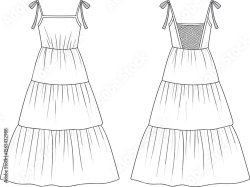Women’s tiered sundress with tie straps and smocked back – front and back flat fashion technical sketch for summer wear.