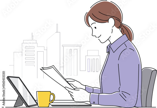 Focused Professional Working at Desk Laptop and Coffee in Modern Office Setting Illustration
