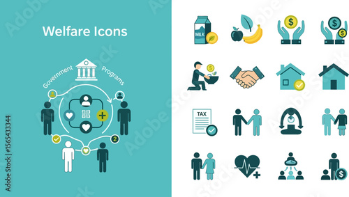 Welfare programs government assistance and social services icons vector set