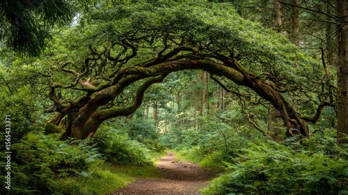 Lush forest path arched by gnarled trees