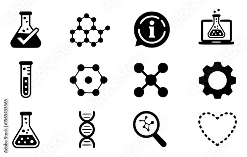 Black and white scientific icons laboratory equipment molecular structures science