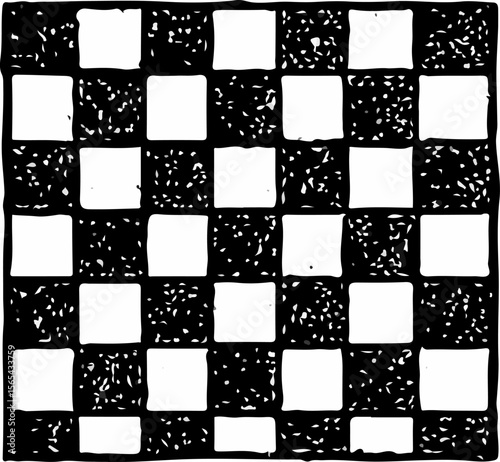 A classic checkerboard layout of alternating black and white squares in a bold, clean, high-impact design