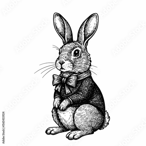 isolated, white background. Rabbit wearing a bow tie in vintage illustration style  