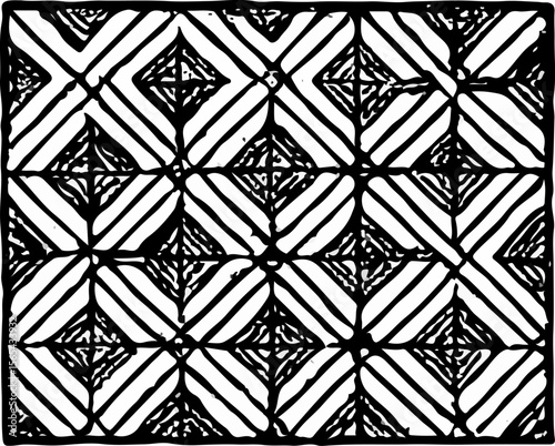 Complex diamonds interlaced with thin intersecting lines in a woven high-contrast black and white grid.