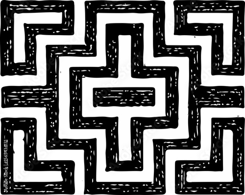 Thick, maze-like black lines create an intricate labyrinth structure full of movement and visual puzzles