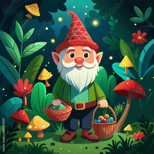 fairy tale characters Whimsical Garden Gnome with Mushrooms in Enchanted Forest – Vibrant Digital Art with Magical Lighting