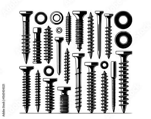 Black and white technical illustration of fasteners and washers screws bolts