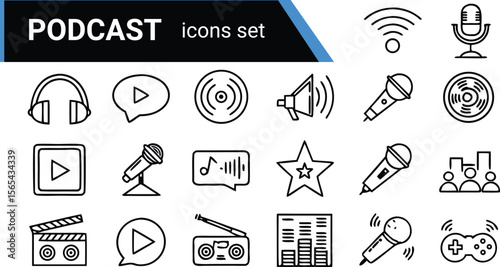 Creative Vector Podcast Icons Collection Featuring Microphone, Headphones, Sound Waves, Playlist, Recording Tools, and Podcast App Elements