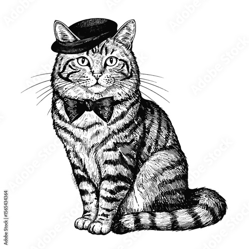 isolated, white background. Illustrated cat wearing a top hat and bow tie in vintage style  